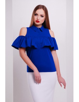Блузка с открытыми плечами и воланом Калелья, синяя размеры S, M