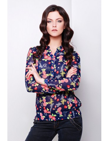 Блуза Весна д/р glam, цв.темно-синий-цветы, размер S