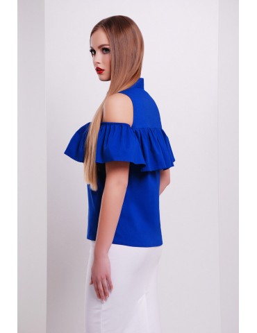 Блузка с открытыми плечами и воланом Калелья, синяя размеры S, M, L