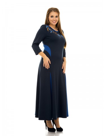 Платье в пол расклешенное, аппликация "Сакура" т.синее ДК-1077